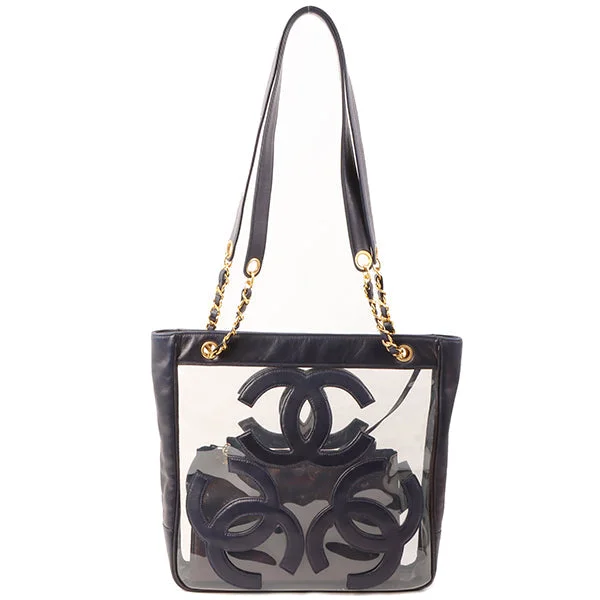 Chanel Sophisticated Fashion Bag -Chanel Around 1995 Made Vinyl Comby 3 Cc Mark Stitch Chain Tote Bag Clear/ Dark Navy