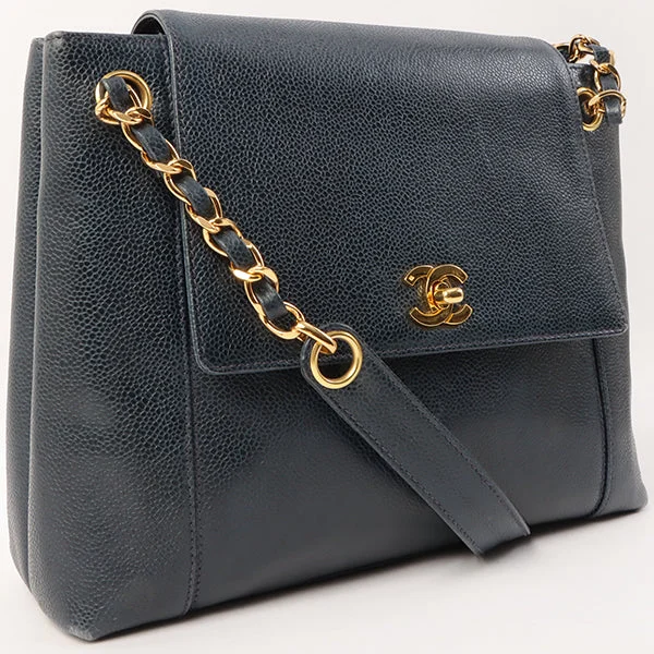 Chanel Elegant & Stylish Bag -Chanel Around 1997 Made Caviar Skin Turn-Lock Chain Tote Bag Navy