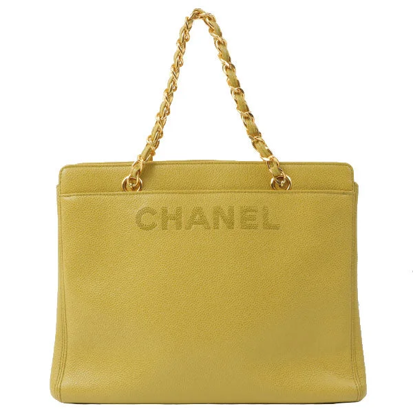 Chanel Evening Clutch -Chanel Around 1998 Made Caviar Skin Logo Embroidered Chain Tote Bag Lime Green