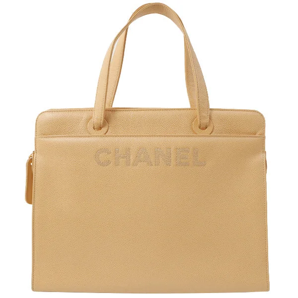 Chanel Timeless Handbag -Chanel Around 1998 Made Caviar Skin Logo Embroidered Tote Bag Beige