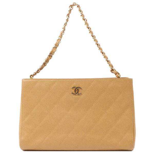 Chanel Everyday Bag -Chanel Around 2001 Caviar Skin Cc Mark Plate Chain Tote Bag Beige