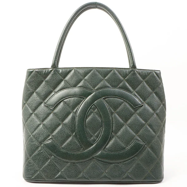 Chanel Special Occasion Bag -Chanel Around 2002 Made Caviar Skin Big Cc Mark Stitch Tote Bag Moss Green