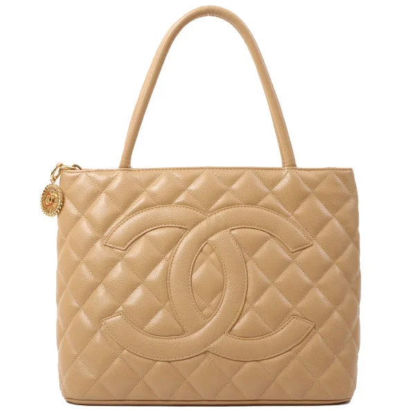 Chanel European Luxury Bag -Chanel Around 2003 Made Caviar Skin Big Cc Mark Stitch Tote Bag Beige