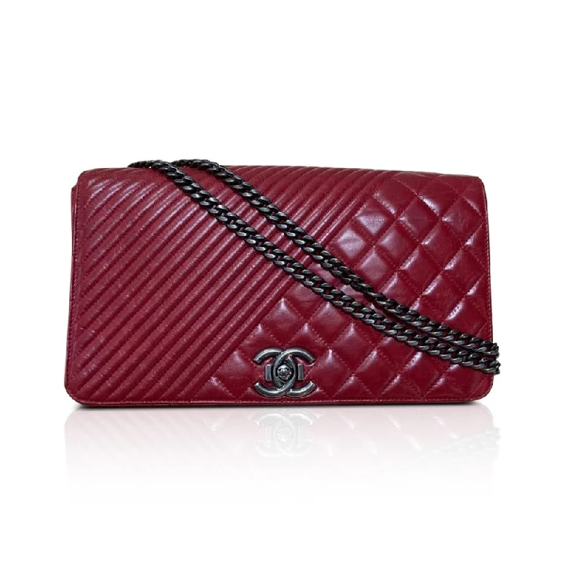 Chanel Winter Bag -Coco Boy Flap Bag Chevron & Quilted Medium Aged Calfskin RHW Red