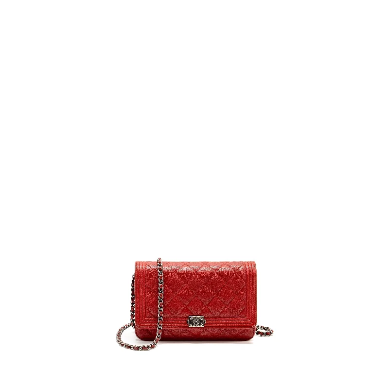 Chanel Designer Shoulder Bag -Chanel Boy Wallet On Chain Caviar Red Ruthenium Silver Hardware