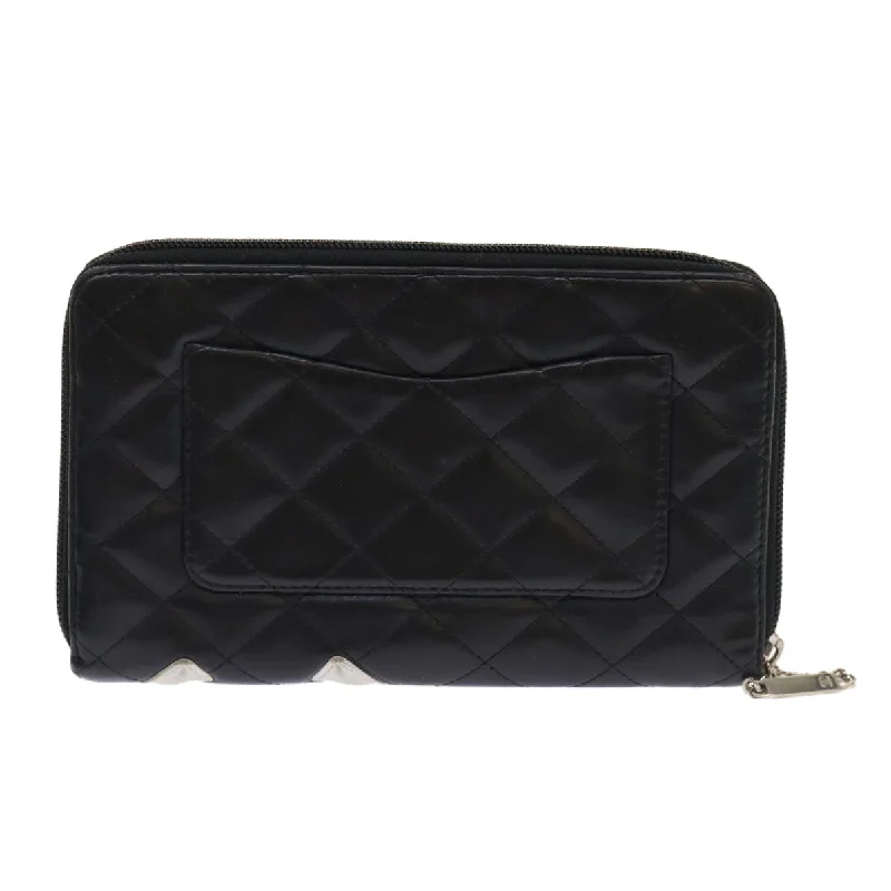 Chanel Street Style Favorite -CHANEL Cambon Line Long Wallet Lamb Skin Black CC Auth th3796