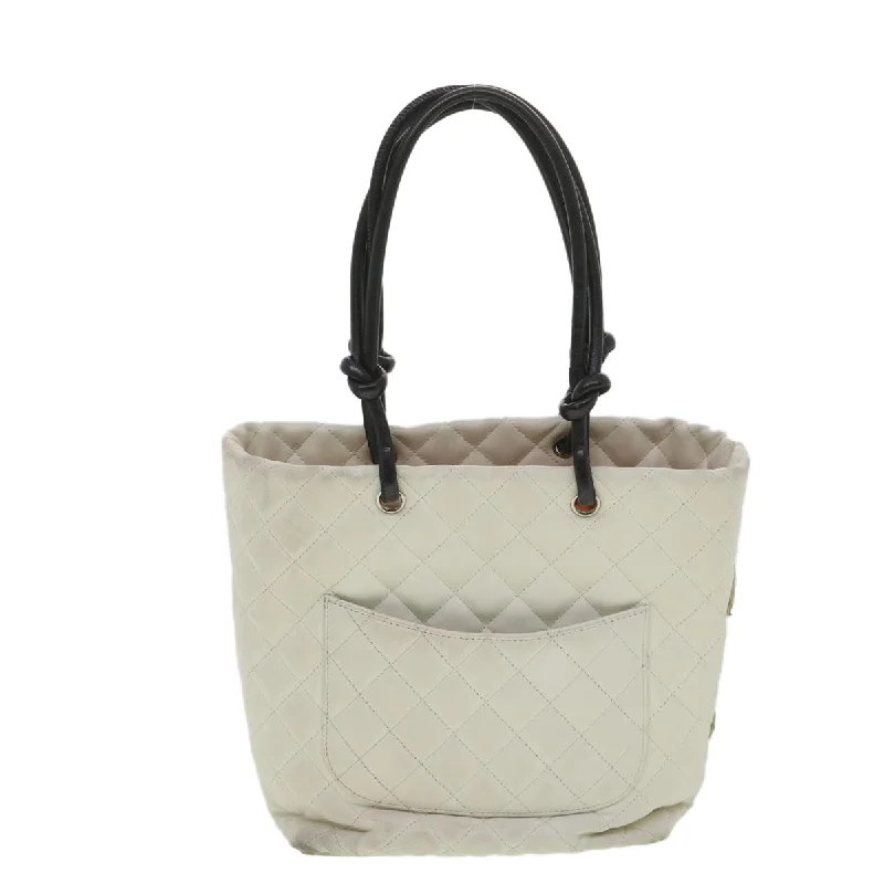 Chanel Street Style Favorite -CHANEL Cambon Line Tote Bag Lamb Skin White CC Auth am3907