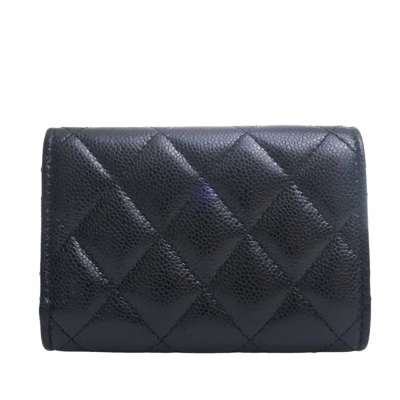 Chanel Best-Selling Bag -CHANEL Caviar Skin Matelasse Coco Mark Trifold Wallet Black Ladies