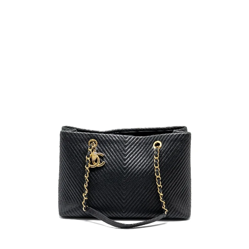 Chanel Street Style Favorite -Chanel Chevron Shopping tote bag goatskin black GHW