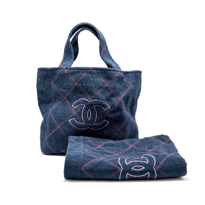 Chanel Luxury Statement Bag -Chanel Coco Beach Tote Bag with Towel/Pouch Set Terry Cloth Navy SHW