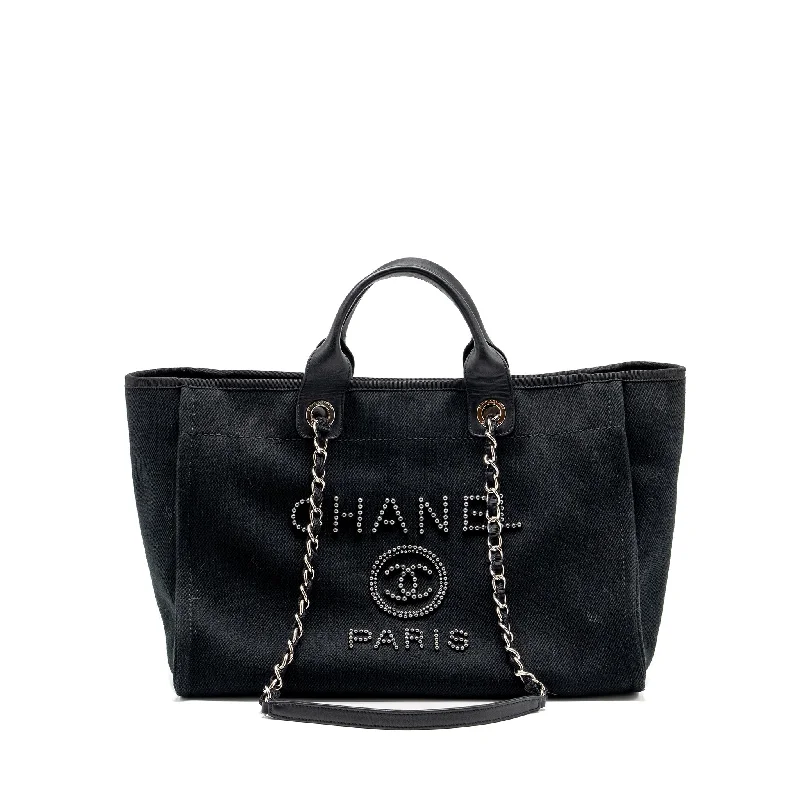 Chanel Street Style Favorite -Chanel Large Deauville Black-Studded Tote Bag Canvas/Leather Black SHW