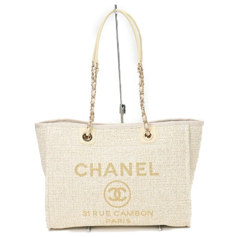 Chanel High-Fashion Statement Bag -CHANEL Deauville MM Medium Chain Tote Bag A67001 Straw Canvas/Leather White/Gold B-156016