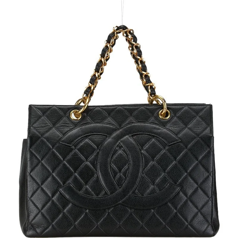 Chanel Ultra-Feminine Bag -CHANEL Matelasse Coco Mark Chain Tote Bag Black Caviar Skin Women's