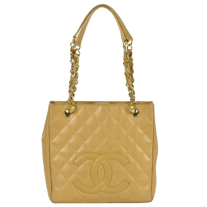 Chanel Street Style Favorite -CHANEL Matelasse Coco Mark PST Chain Tote Bag Caviar Skin Beige