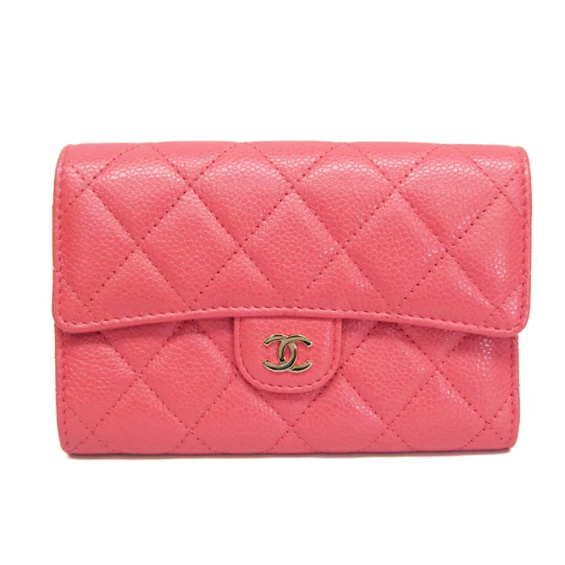 Chanel Must-Have Designer Bag -Chanel Matelasse Women's Caviar Leather Middle Wallet (tri-fold) Pink