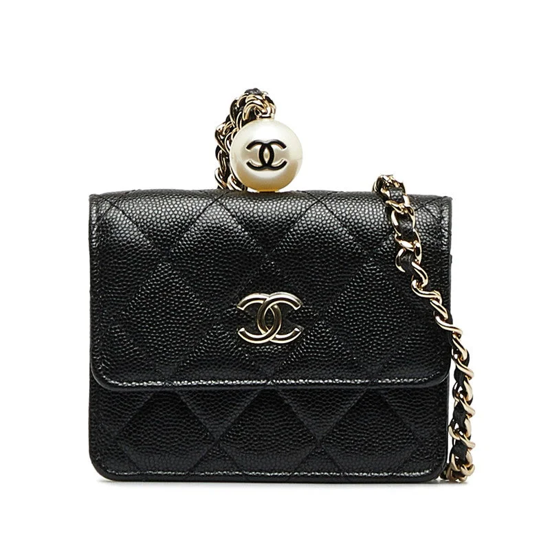 Chanel Everyday Bag -Chanel Matrases Cocomark Fake Pearl Chain CoinPars Card Case Black Caviar   CHANEL