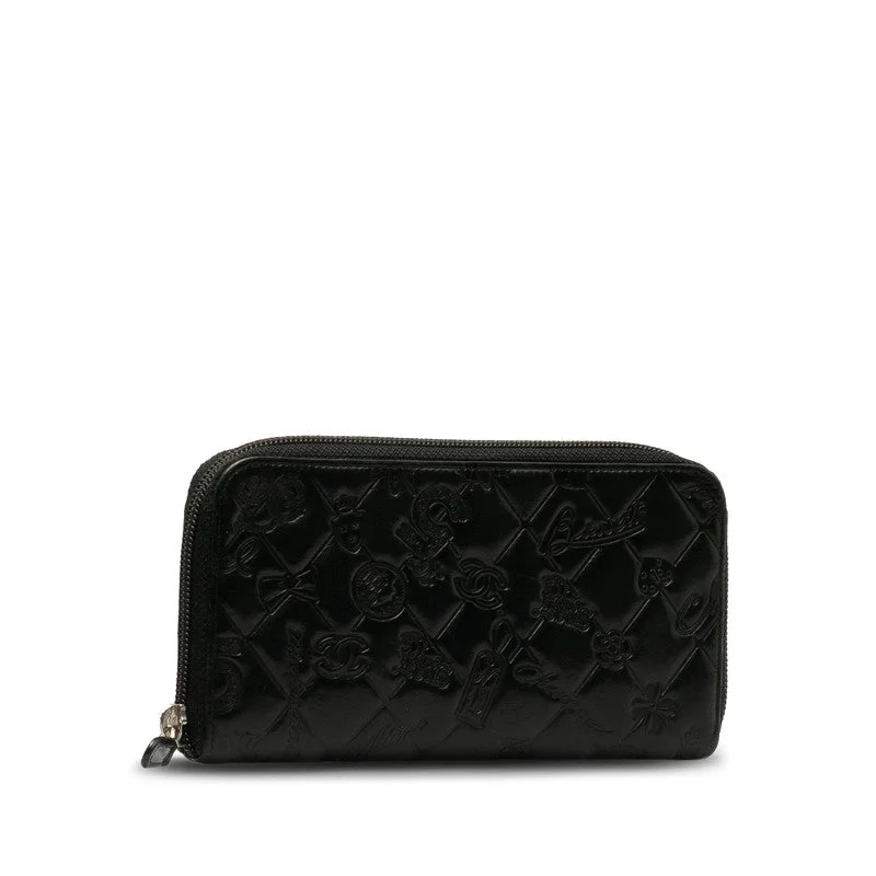 Chanel Collector’s Item Bag -Chanel Matrases Icon ymbol Charm Round Fashner Long Wallet Black Leather  CHANEL