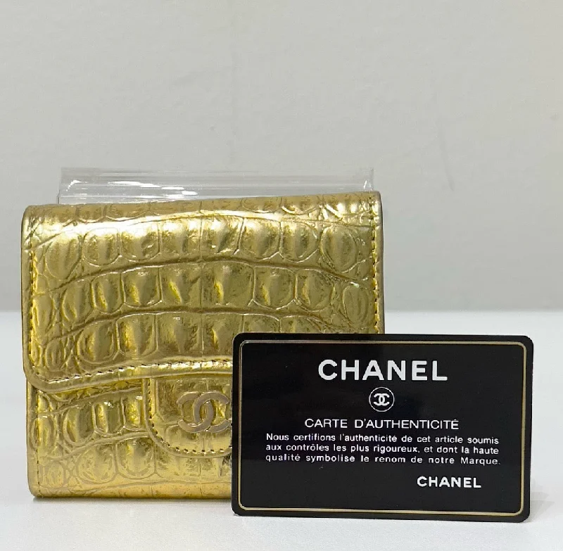 Chanel Spring Collection Bag -Chanel Metallic Calfskin Crocodile Embossed Cocodile Compact Flap Wallet Gold GHW