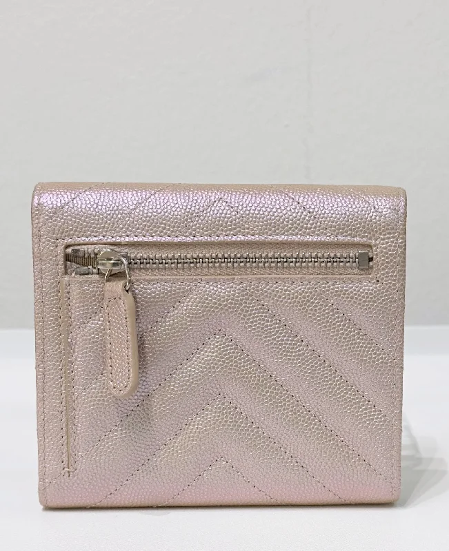 Chanel Fall Collection Bag -Chanel Metallic Caviar Chevron Quilted Compact Flap Wallet Light Gold