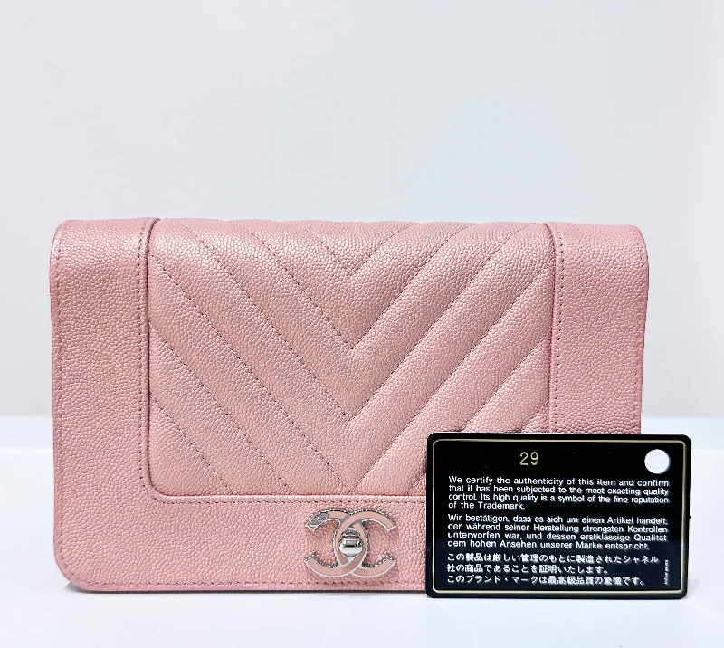 Chanel Resort Collection Bag -CHANEL Metallic Caviar Chevron Quilted Vintage Mademoiselle Wallet On Chain WOC Pink