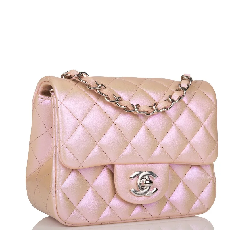 Chanel Mother’s Day Gift Bag -Chanel Mini Square Flap Bag Pink Iridescent Lambskin Silver Hardware