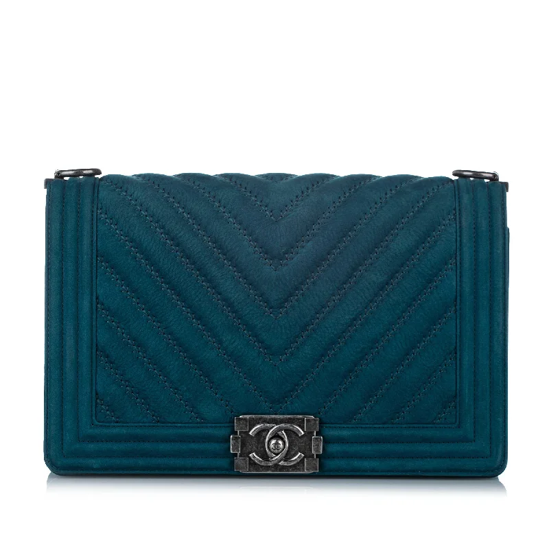 Chanel Luxury Statement Bag -New Medium Chevron Boy Suede Flap Bag Blue