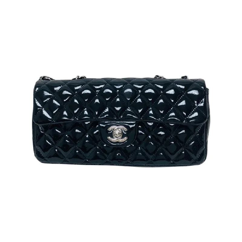 Chanel Designer Shoulder Bag -East West Flap Bag in Black Patent Leather with SHW