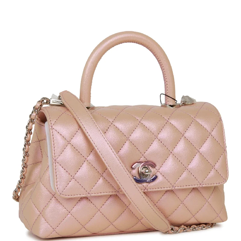 Chanel Small Yet Spacious Bag -Chanel Small Coco Handle Flap Bag Pink Iridescent Caviar Silver Hardware