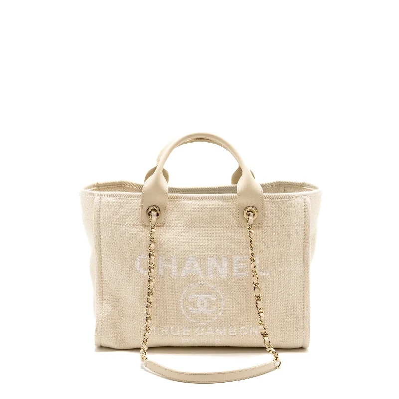 Chanel Best-Selling Bag -Chanel Small Deauville Shopping Tote Bag Calfskin/Fabric Light Beige LGHW (microchip)