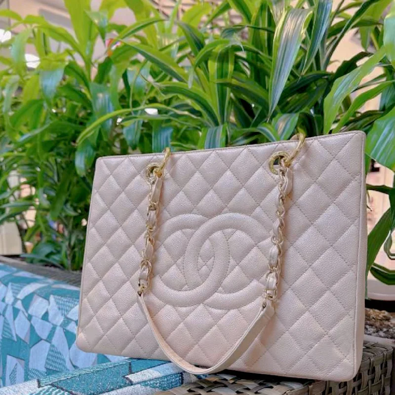 Chanel Street Style Favorite -CHANEL Beige Quilted Caviar Grand Shopping Tote TWS