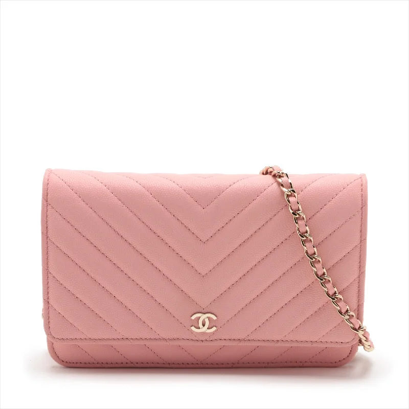 Chanel Evening Clutch -Chanel V Stitch Caviar S Chain Wallet Pink Gold