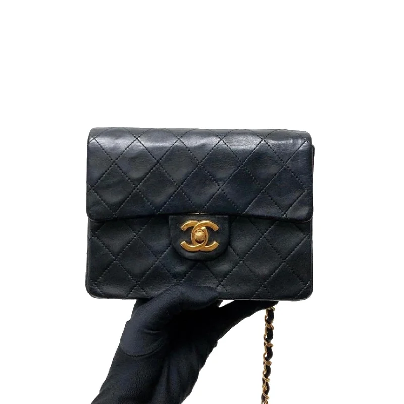 Chanel Wedding Guest Bag -Vintage Mini Square Flap Bag in Black Quilted Lambskin Leather GHW