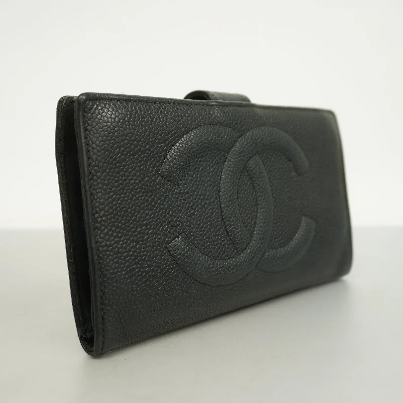 Chanel Luxury Statement Bag -CHANEL[3cc2399] Auth  long wallet caviar skin black gold metal