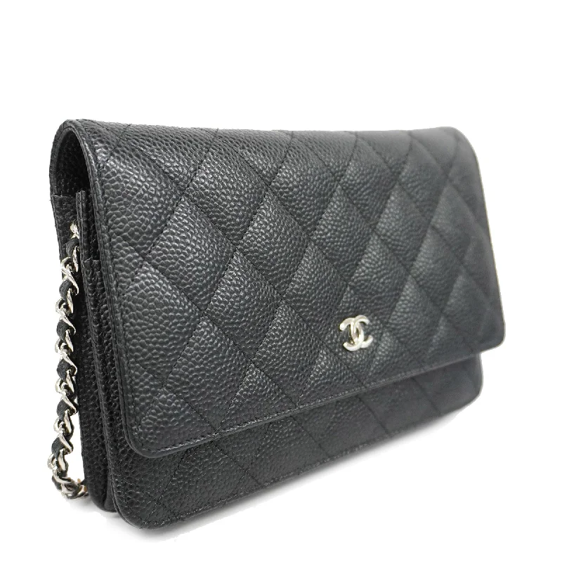 Chanel Haute Couture Bag -CHANELAuth  Matelasse Silver Hardware Caviar Leather Chain/Shoulder Wallet Black