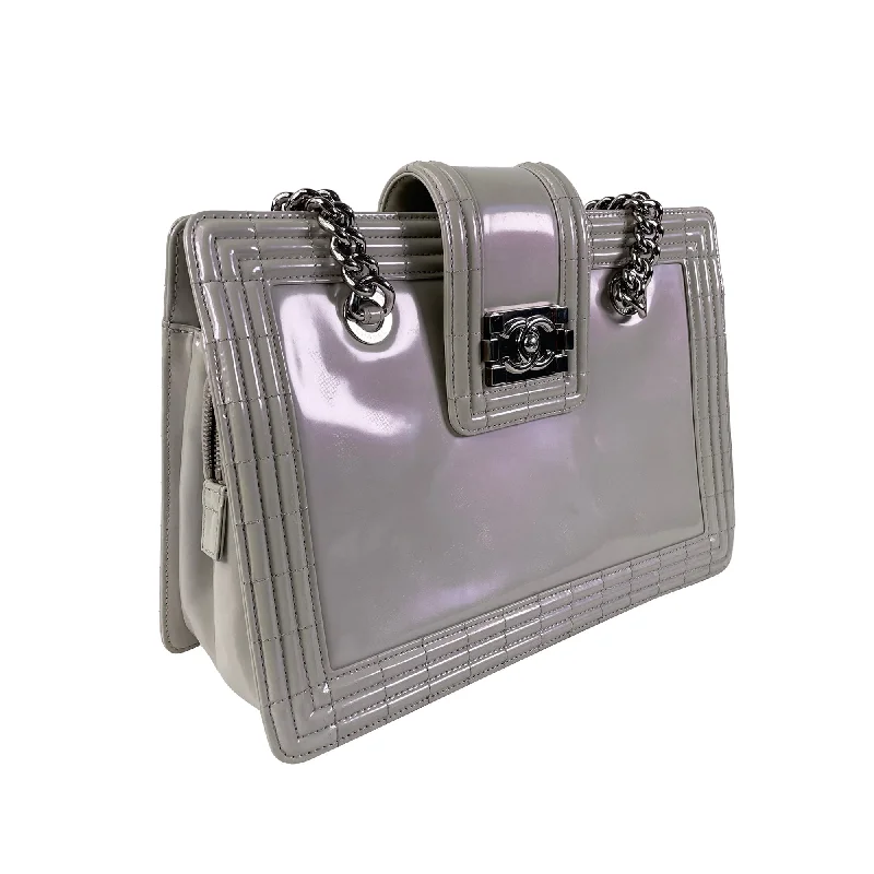 Chanel Mother’s Day Gift Bag -Gray Chanel Iridescent Patent Boy Reverso Shopping Tote