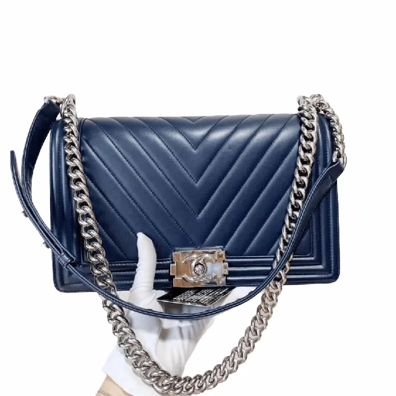 Chanel Collector’s Item Bag -Le Boy Chevron Calfskin Flap Bag Dark Blue with Shiny Silver Hardware New Medium