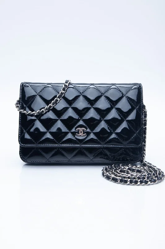 Chanel Collector’s Item Bag -CHANEL Black Patent Leather Quilted Wallet On Chain WOC