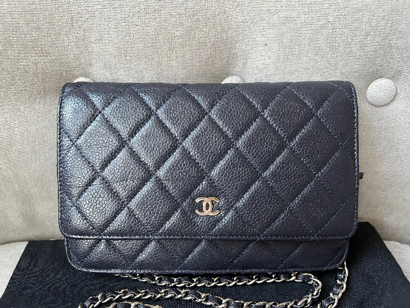 Chanel Must-Have Designer Bag -Chanel Navy Caviar Wallet on Chain With Silver Hardware