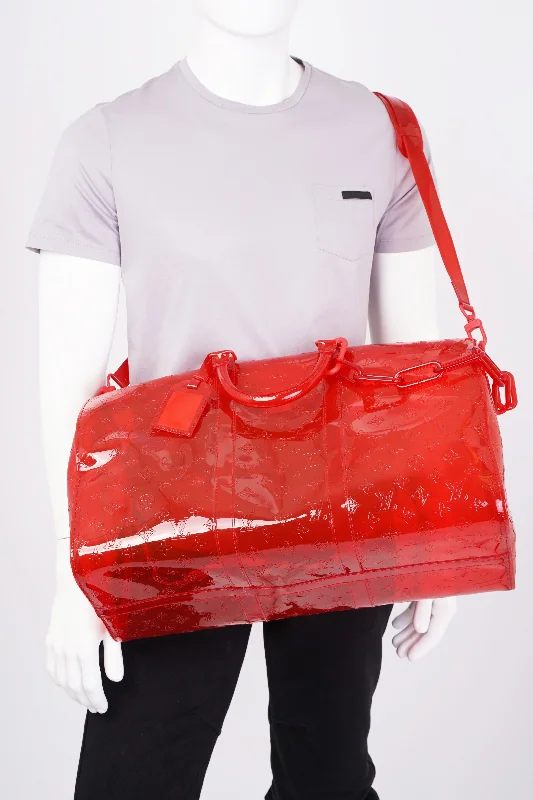 LV Luxury Leather Bag -Louis Vuitton Transparent Keepall Bandouliere Virgil Abloh Red  PVC 50cm